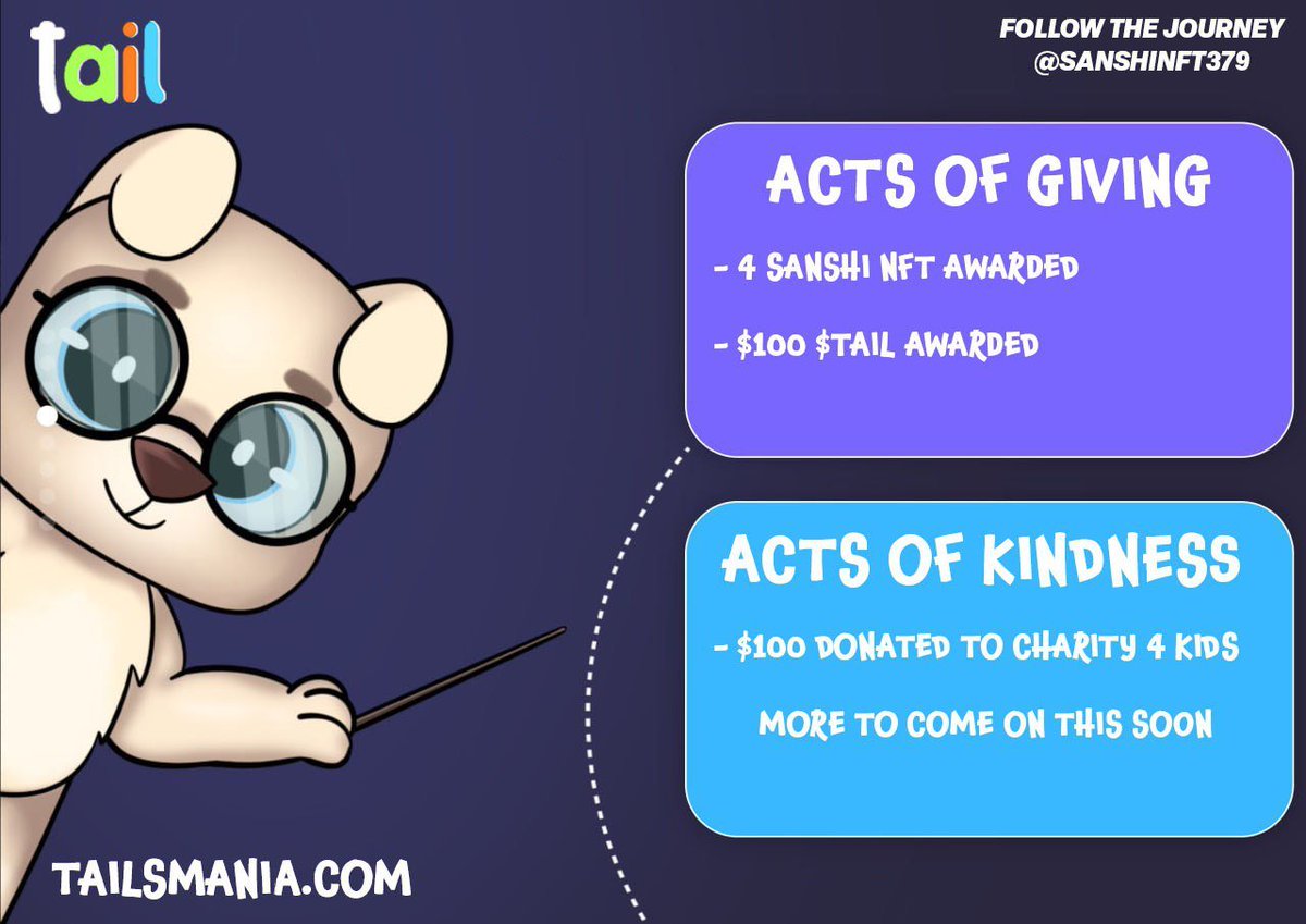SANSHINFT379's tweet photo. Follow @SANSHINFT379 to take part in the journey, win fun prizes, and help kids along the way. 

 Journey Tracker:

- 4 #SANSHI NFT Awarded ($500+ worth)
- $100 $TAIL Awarded 
- $100 Donated to charity (More to come on this soon)

#4THEKIDS @elonmusk #DeFi4Charity https://t.co/upZ9s1a77n