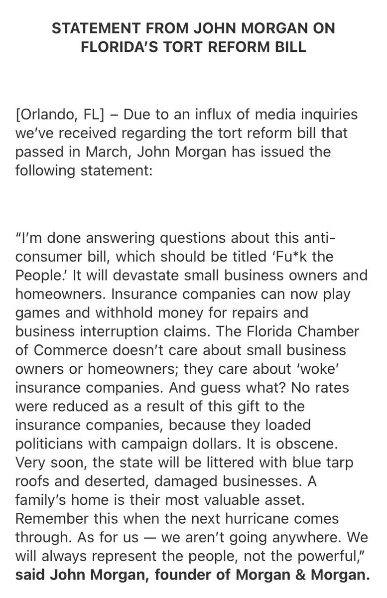 Chris__Cann's tweet photo. John Morgan releases fiery statement on DeSantis signed tort reform legislation that protects insurers and businesses from lawsuits. 

Morgan says it should be called “F— the people.” https://t.co/5TeA1KvgGn