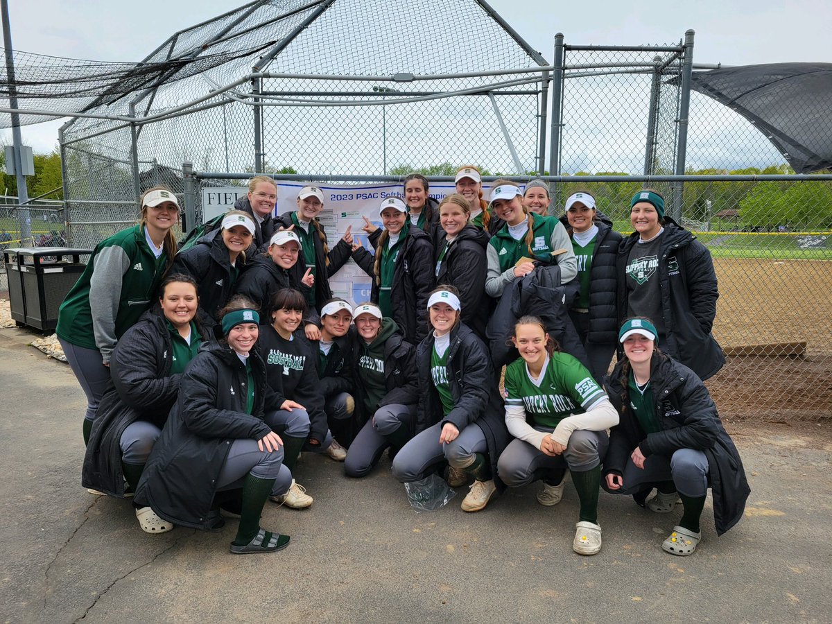 SRU_Softball's tweet photo. First PSAC Tournament WIN since 1983! Today we share this win with 40 years worth of SRU players 💚🖤 

See you tomorrow for the next round of the winner’s bracket! 

#rocku https://t.co/2nY8hC1IeW