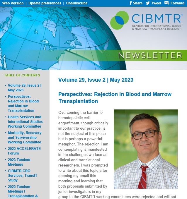 Our CIBMTR May Newsletter is now available online. Read an update from the new Advisory Committee Chair, Working Committees, and updates about the TransIT Study, #Tandem23, and more! Read the newsletter: cibmtr.org/CIBMTR/About/N…