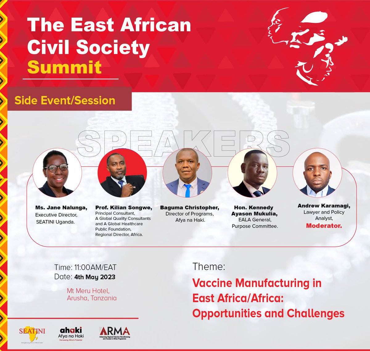Join us tomorrow for a session on Vaccine Manufacturing in East Africa/Africa at the #CSOSummit2023 with experts such as our ED, Ms. Jane Nalunga, Hon. Ayason Kennedy Mukulia, EALA Member, <a href="/KilianSongwe/">Kilian Songwe</a> ,Principal Consultant <a href="/aghpf/">AGHPF</a> &amp; <a href="/KrissBaguma/">Baguma Christopher</a> ,Programs Director <a href="/afyanahakiug/">Afya na Haki</a>
