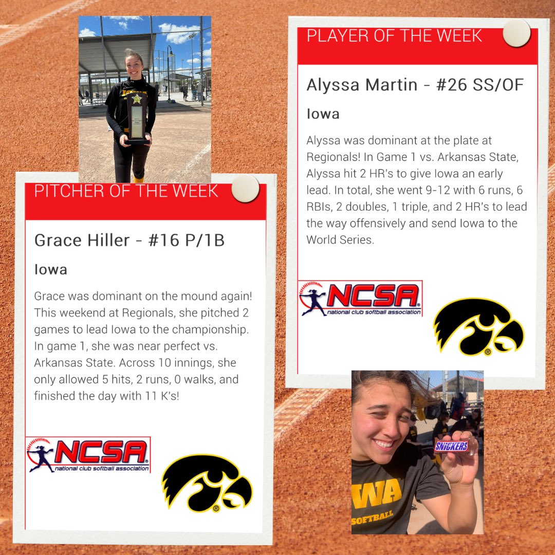 Looks like DOMINANT is the word to describe these two as Grace and Alyssa sweep the titles of NCSA National Pitcher and Player of the Week! Proud of you two! 🦾