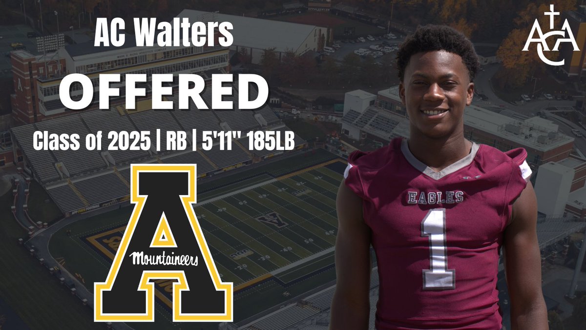 acaeaglesfball's tweet photo. Congrats to AC Walters (Class of 2025) on his offer to play football at Appalachian State! @ac_walters1 @CoachRodWest @AppState_FB #acafootball https://t.co/QlhZk8dTgz