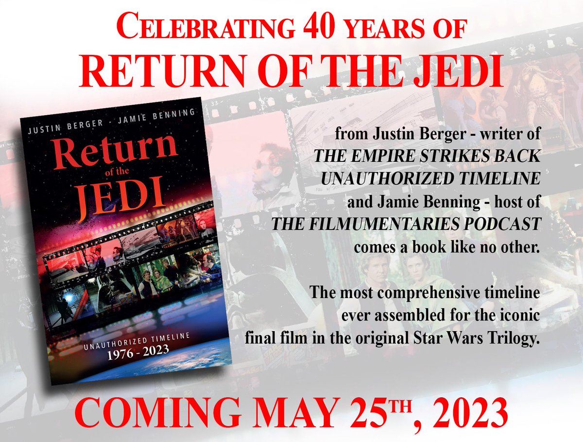 May 25th is the 40th Anniversary of the theatrical release of #StarWars #ReturnoftheJedi! The third film in the original trilogy saga.
May 25th is also the day we drop the ROTJ Unauthorized Timeline. Filled with dates, call sheets, facts, images, &amp; behind-the-scenes exclusives!