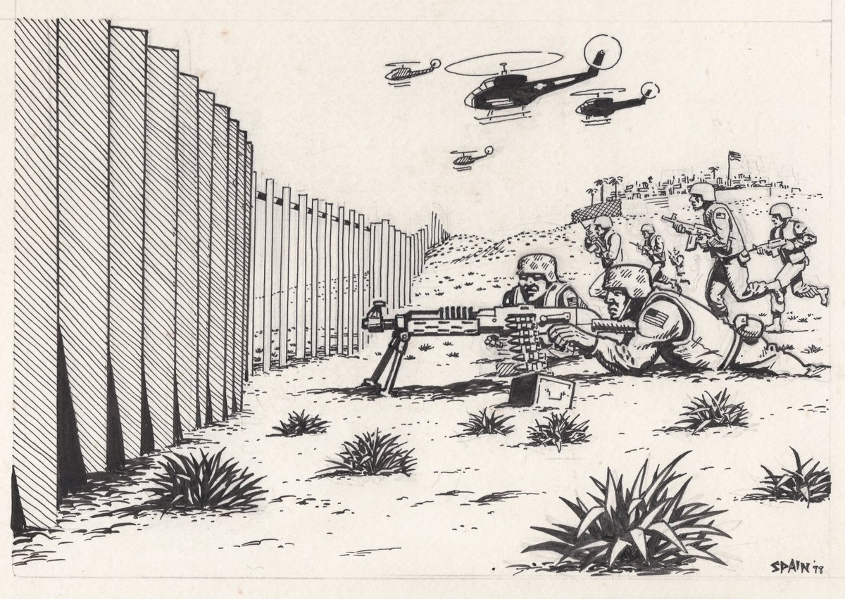 BadAttitudeDoc's tweet photo. President Joe Biden is sending more troops to the Mexican border. Spain created this drawing back 1998 when President Bill Clinton established "Operation Gate Keeper," which increased the militarization of the border. https://t.co/U6ROKo8RDs