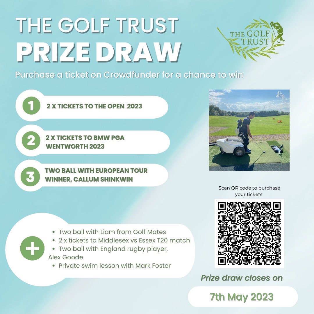 TheGolfTrust's tweet photo. Can we reach £2k by the weekend? £2000 will fund a Paragolfer golf programmes for 6 disabled people. Buy tickets in our prize draw to be in with a chance to win some amazing sports prizes ⛳️ 🏏 🏊‍♂️ #golf #charity #sports 

https://t.co/k6tgOs9JCh https://t.co/8tEc8IQAav