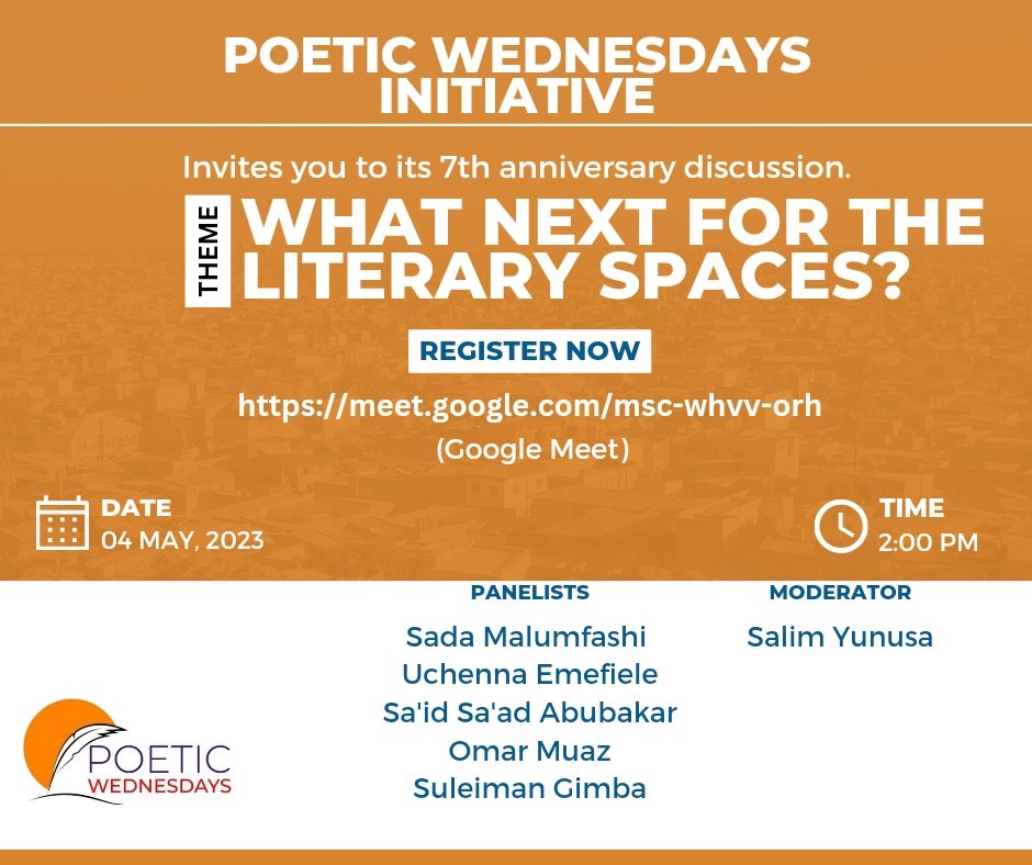 Poeticwednexday's tweet photo. As we turn 7 tomorrow, join us as we engage some of the brightest minds in the Northern Nigerian literary space!

Keep a date with us.

#poetrytwitter 
#WritingCommmunity 
#poeticwednesday https://t.co/zSQwqS5lZk
