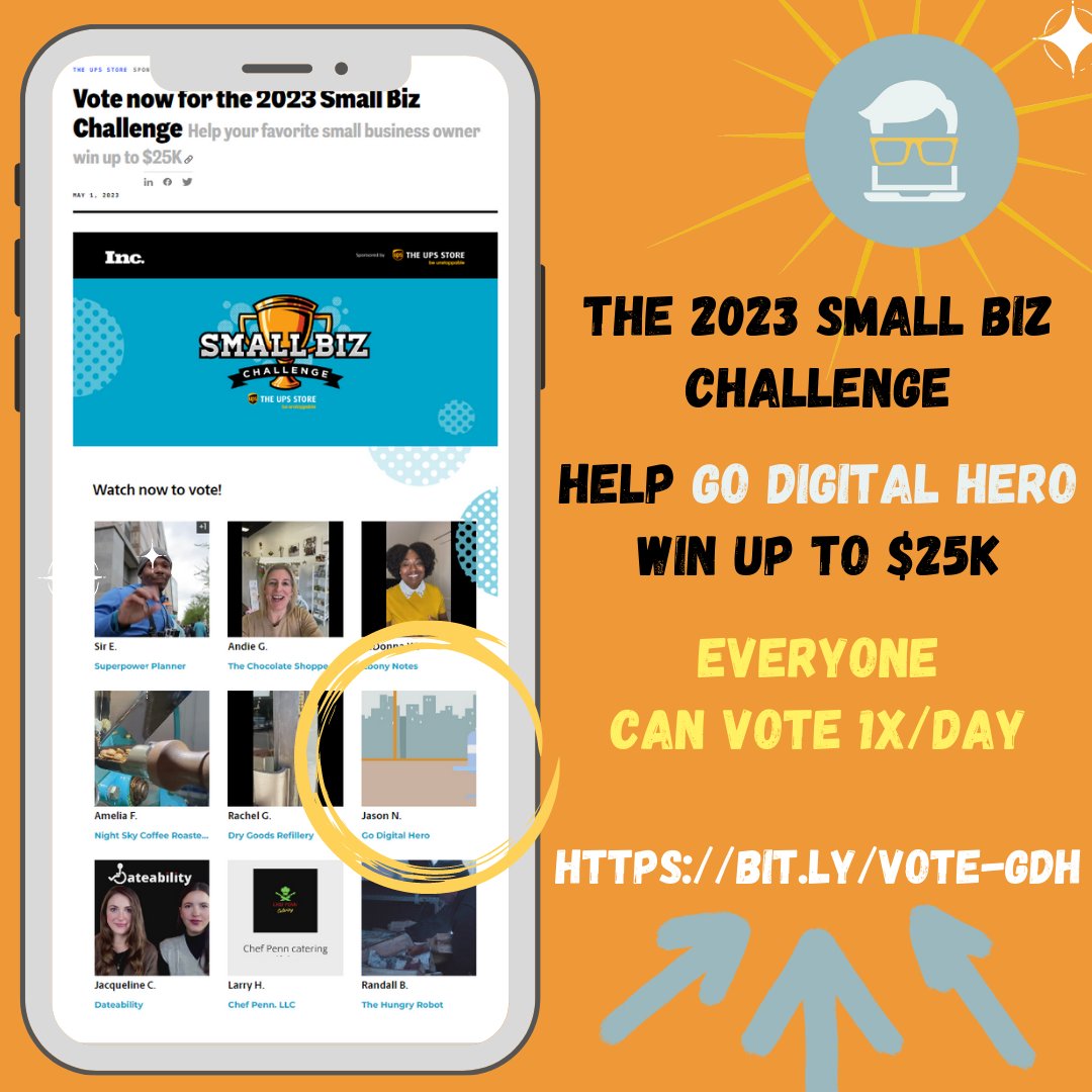 GoDigitalHero's tweet image. Vote now for the 2023 Small Biz Challenge
Help Go Digital Hero win up to $25K
🔗bit.ly/Vote-GDH
Everyone Can Vote 1x/Day
@theupsstore @incmagazine #smallbizchallenge