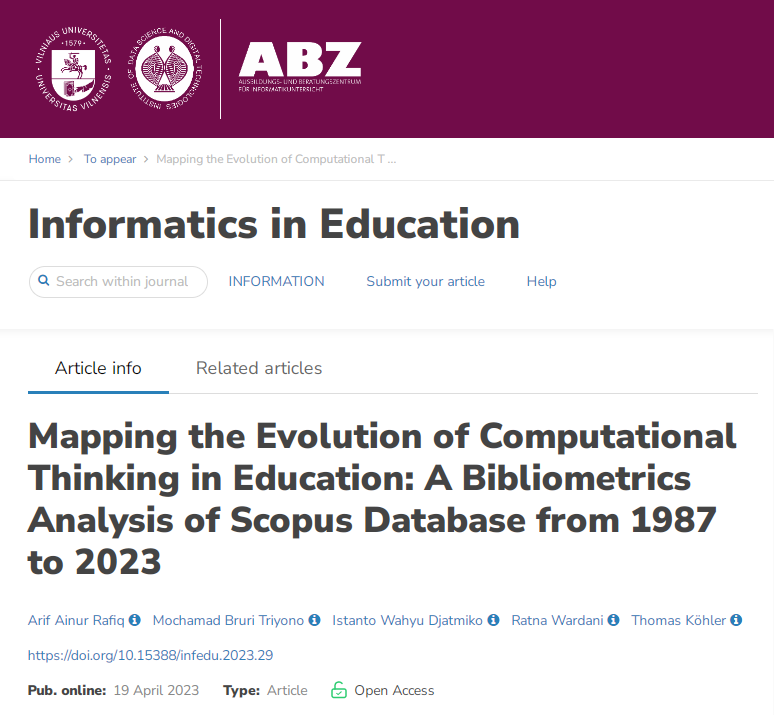 🗣️ LA FACULTAD CON IMPACTO INTERNACIONAL🌍 Se ha publicado el artículo 'Mapping the Evolution of Computational Thinking in Education: A Bibliometrics Analysis of Scopus Database from 1987 to 2023', donde el prof. Marcos Román @elpsycomago aparece destacado doi.org/10.15388/infed…