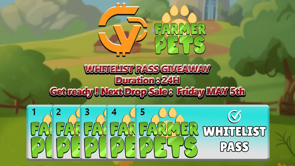 CVC is giving away x5 Farmer Pets WHITELIST PASSES

1️⃣ Follow <a href="/CryptoValueCH/">CryptoValueChannel</a> &amp; <a href="/farmerpets/">farmerpets</a>
2️⃣ RT + Reply by tagging 2 frens &amp; providing your WAX wallet

Join CVC Discord for more giveaways 🚀 
discord.gg/cryptovaluecha…

Drop Link : play.farmerpets.com/drops?referral…