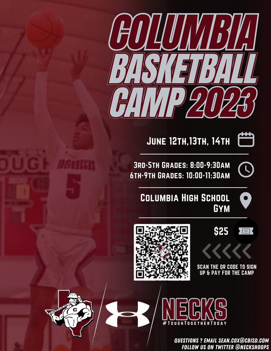 NecksHoops's tweet photo. 🚨Summer Camp registration is open‼️
Sign up to have your future Neck to work with CHS coaches to:
🏀Build Fundamentals 
🏀Develop Skills
🏀Take their game to the next level! 
Sign up before 5/17 to guarantee a camp shirt! @CBISDTx @CHS_Roughnecks @WBJH_Athletics @Barrow_CBISD https://t.co/uKN5jpN6cJ