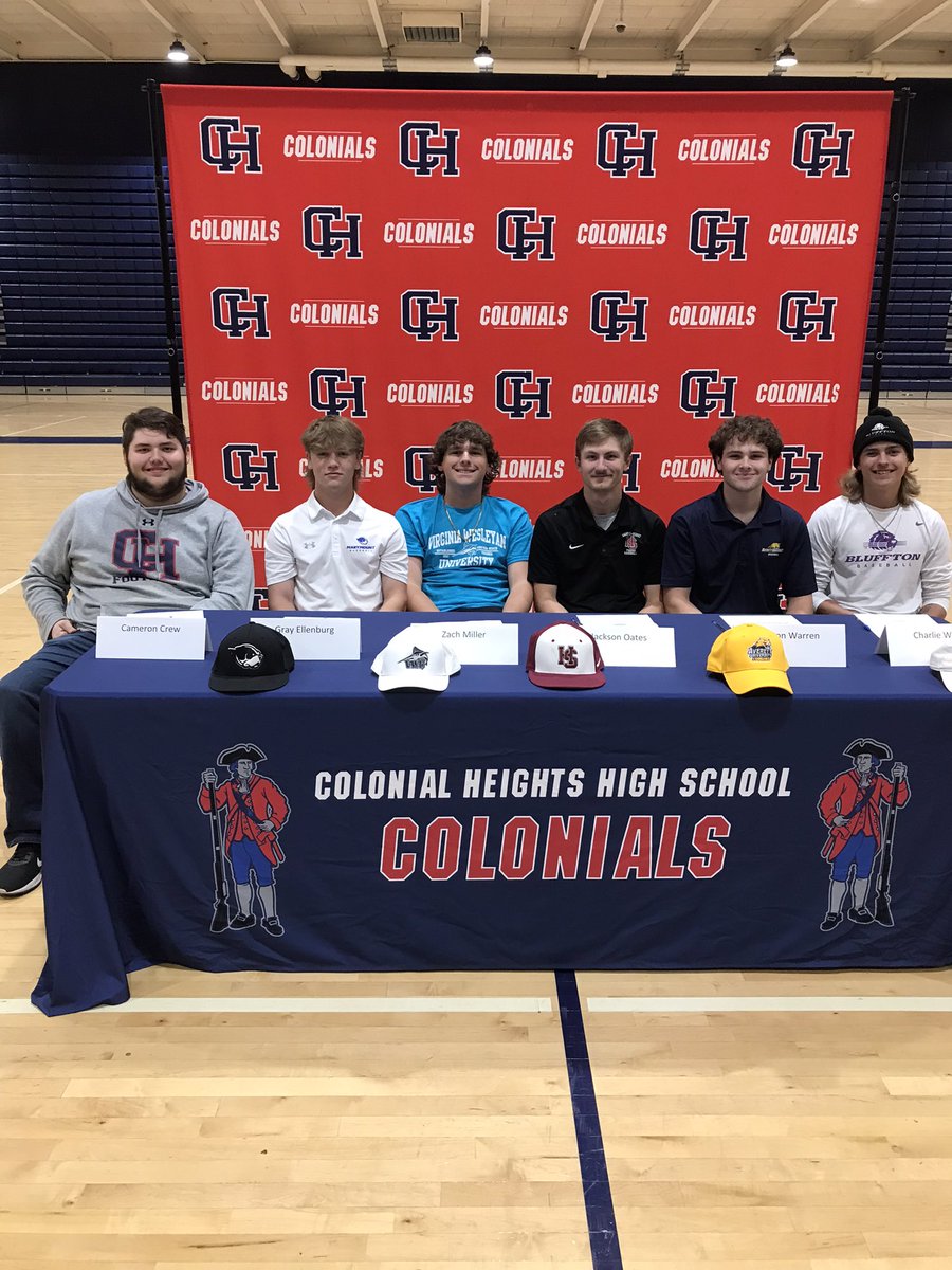 Congrats to our spring signee’s!  (From L to R).  Cameron Crew (<a href="/NCWesleyanFB/">NC Wesleyan Football</a> ), Gray Ellenburg (<a href="/MarymountBASE/">Marymount Baseball</a> ), Zach Miller (<a href="/VWU_BSB/">VWU Marlins Baseball</a> ), Jackson Oates (<a href="/HSC_Baseball/">Hampden-Sydney Baseball</a> ), Mason Warren (<a href="/AverettBaseball/">Averett Baseball</a> ), Charlie White (<a href="/BlufftonUBsball/">Bluffton University Baseball</a> ) <a href="/All_Sports_CHHS/">Colonial Crazies</a> <a href="/TheRVASportsNet/">RVA Sports Network</a>