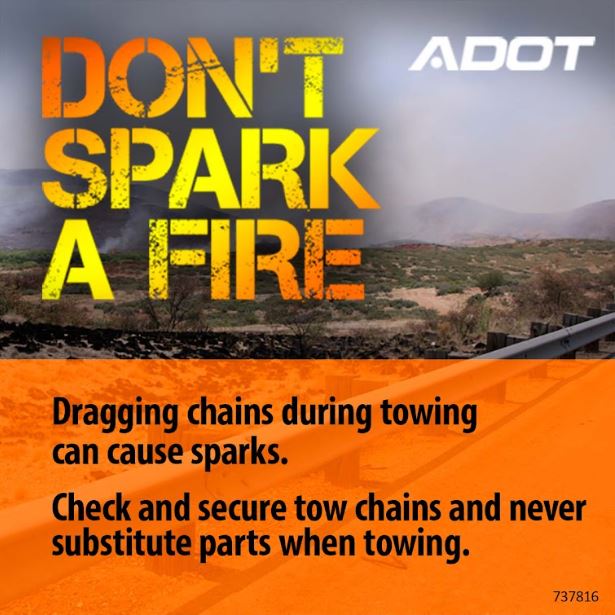 ArizonaDOT's tweet photo. Wildfire season is here.
Do your part to prevent fires by securing your tow chains. 
MORE: https://t.co/5gMwEuiwSH https://t.co/SvZViElJE3