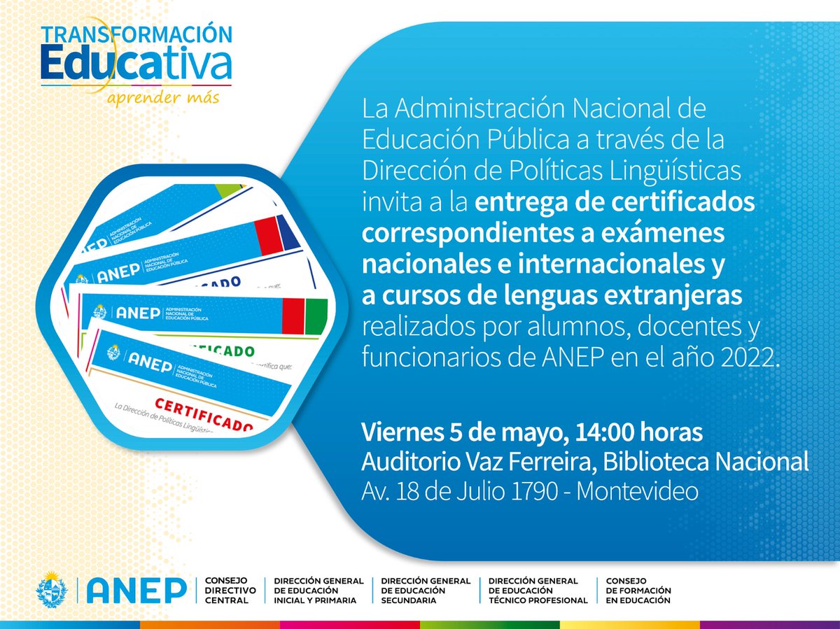 Mañana cientos de estudiantes, docentes y funcionarios de la <a href="/ANEP_Uruguay/">ANEP</a> recibirán su certificación nacional e internacional en lenguas extranjeras. Los exámenes fueron solventados por la educación pública siguiendo una política consolidada que genera oportunidades y equidad.