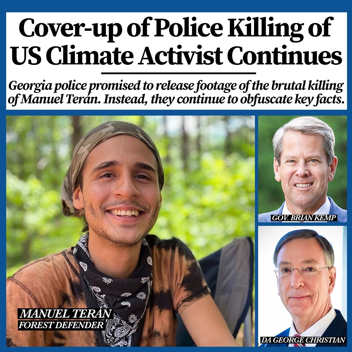 SDonziger's tweet photo. Official "investigation" in Georgia of the first-ever US police killing of a climate activist is looking more like a cover-up for murder. Police claim that Manuel Terán shot at them first has been debunked by two autopsy reports.

DOJ must investigate.⤵️
https://t.co/uWGY16LnWl https://t.co/agoA9gMgDz