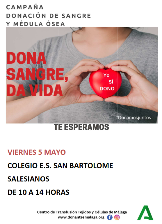 SalesianosMLG's tweet photo. #Solidaridad | ❤️ Campaña de Donación de Sangre y Médula Ósea. 

VIERNES 5 DE MAYO. Colegio Salesiano San Bartolomé de Málaga👏

¡Te esperamos!

#AbrimosCaminos https://t.co/qwjEa04pX6