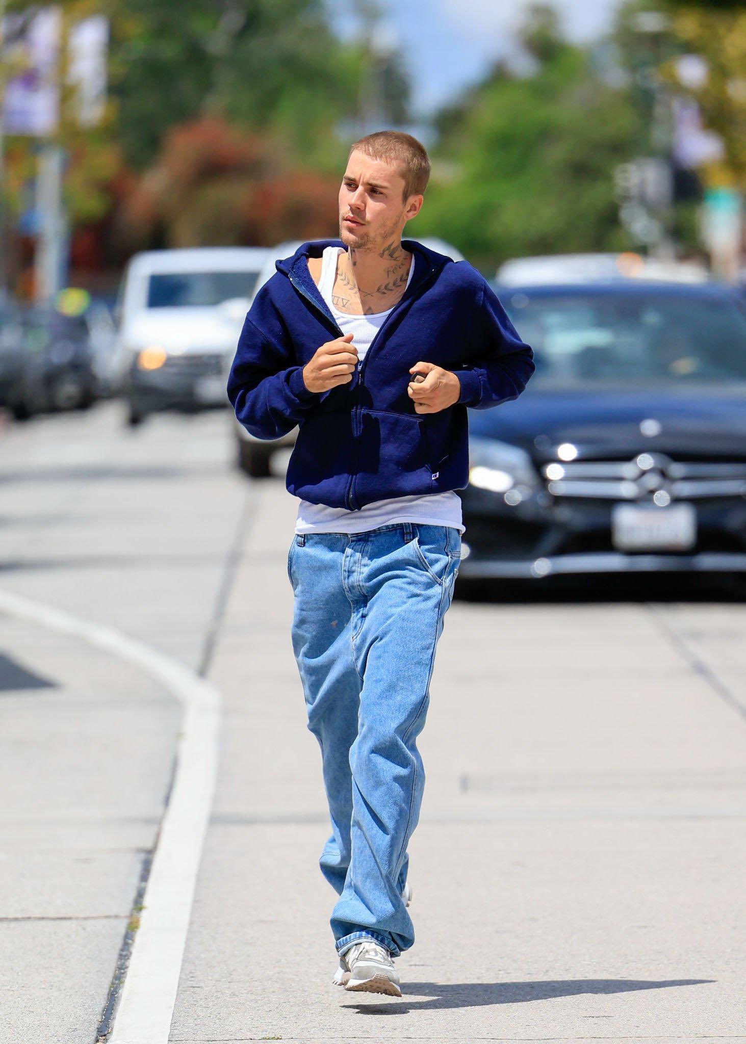 Justin Bieber is seen arriving at the Louis Vuitton flagship Store on, FilmMagic