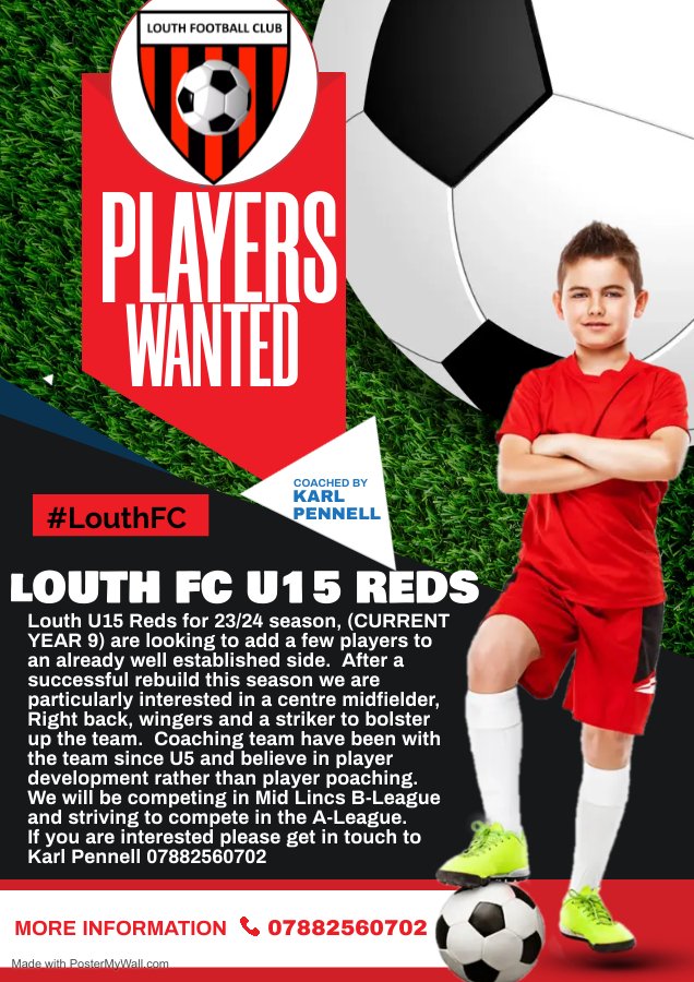 🔴PLAYERS WANTED⚫

Current U14s looking for players to join  ready for next season at U15s.

Current School Year 9.
Please share
#LouthFC #CommunityClub #Louth #grassroots #LouthFCFamily #kickitout #LouthGirls #LouthLadies #wereallgrassroots #LouthFCSeniors #PlaySafe 🔴⚫🔴⚫🔴