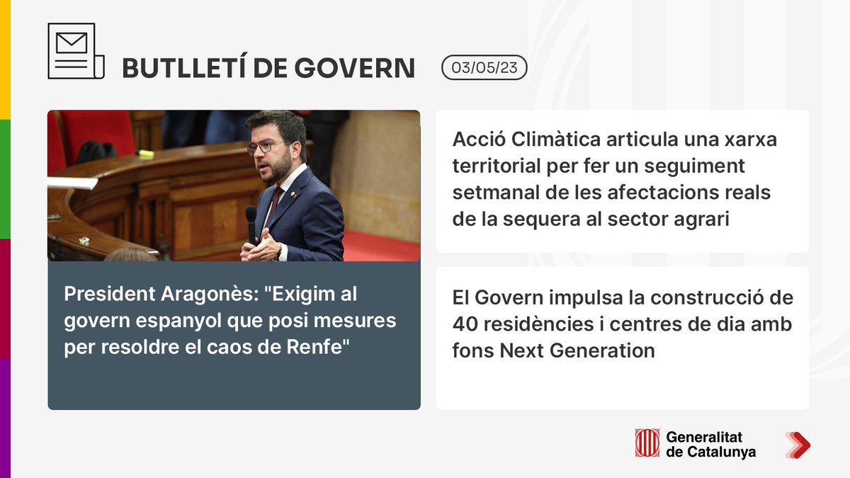 govern's tweet photo. 📰 Resum informatiu del dia:

 🗣️ #President @perearagones: "Exigim al govern espanyol que posi mesures per resoldre el caos de Renfe"

👉 Consulta el butlletí: https://t.co/fkdgc0Ig8I
👉 Subscriu-t'hi: https://t.co/pClIJd62CY https://t.co/Y0jeRDLlgA