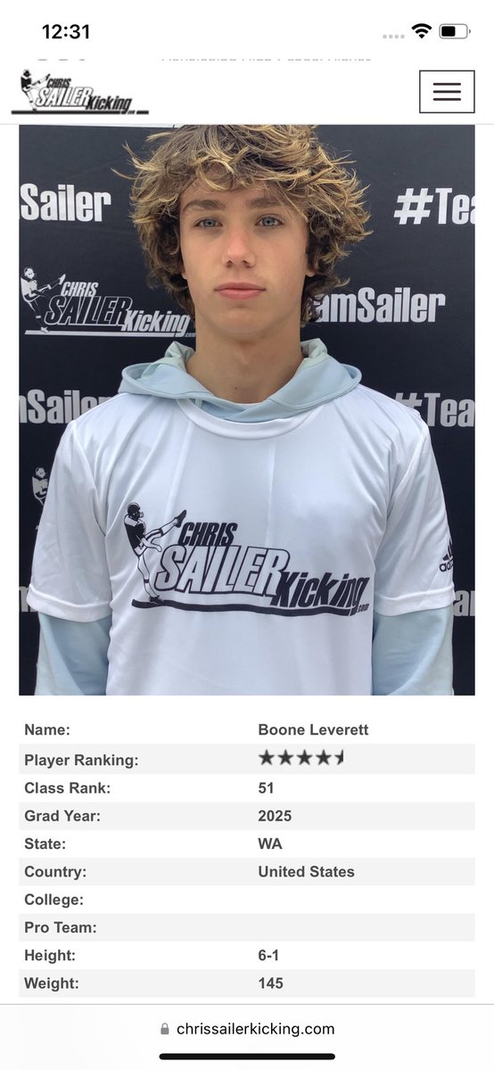 4.5⭐️ kicker and 4⭐️ Punter 
Big thanks to <a href="/Chris_Sailer/">Chris Sailer Kicking</a> for the camp and can’t wait to attend more as my years go on!