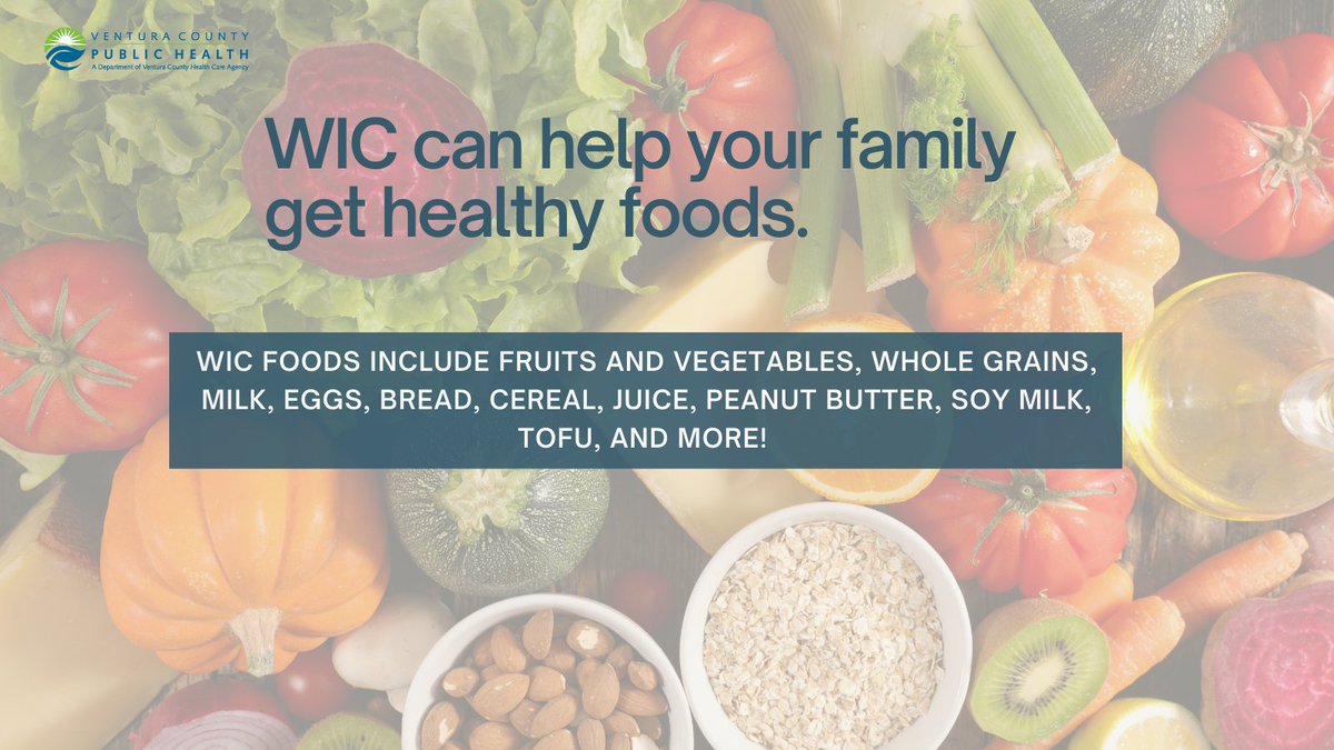 vcpublichealth's tweet photo. WIC can help your family get healthy foods. WIC foods include fruits and vegetables, whole grains, milk, eggs, bread, cereal, juice, peanut butter, soy milk, tofu and more! 
To find out if you qualify for WIC, visit https://t.co/R7qSY0w074. https://t.co/vBhkbialO4
