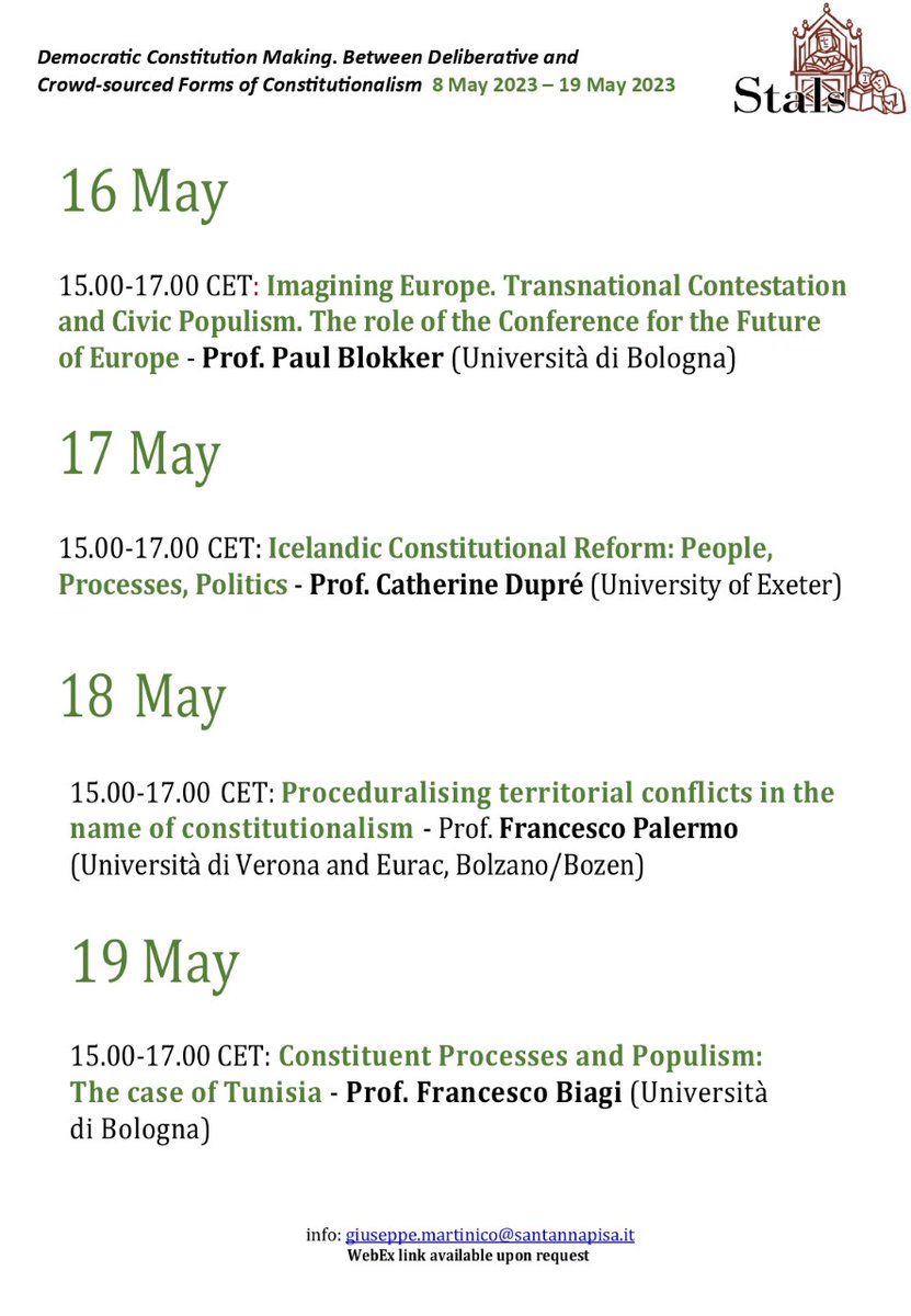We are thrilled to announce that the course "Democratic Constitution Making Between Deliberative and Crowd-sourced Forms of Constitutionalism" (8-19 May 2023) will be conducted in an open mode without any payment of fees.  Here is the final programme.