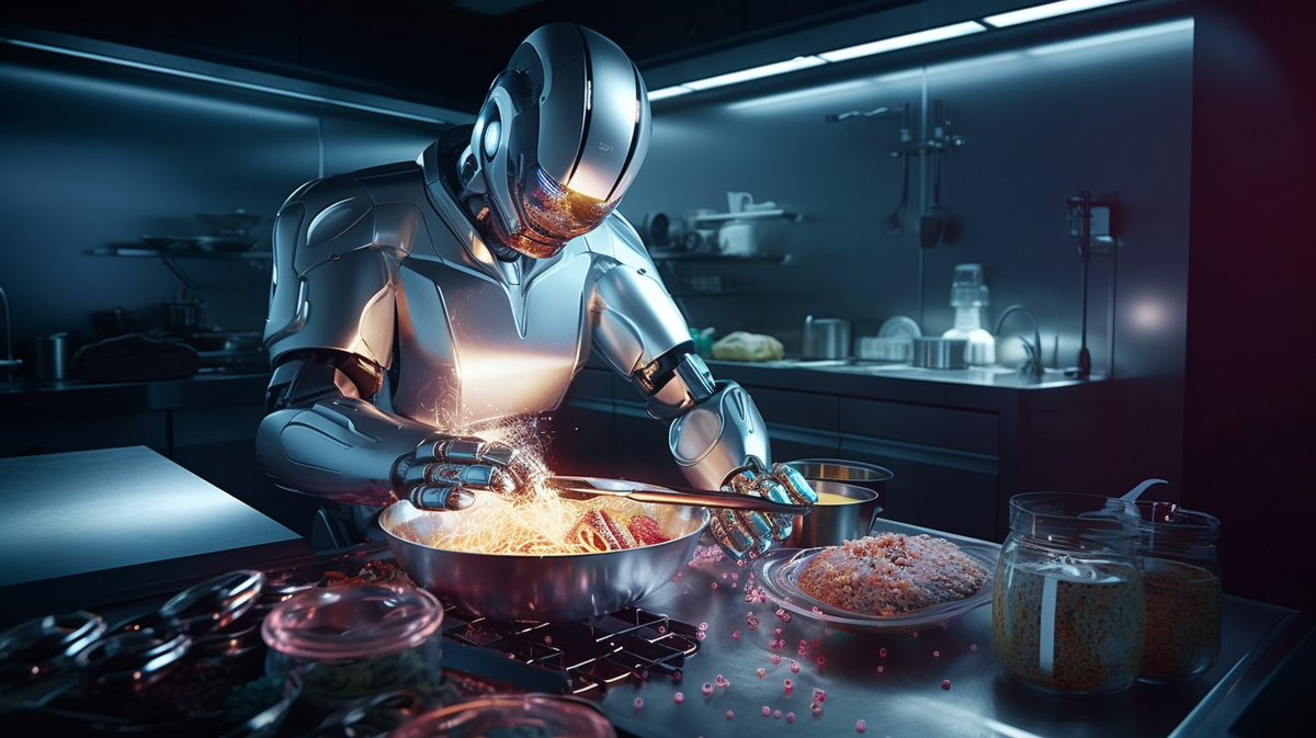 cesar20984's tweet image. Breathtaking fusion of advanced robotics and gourmet cooking in this #AIArtworks creation - a robotic chef mastering culinary miracles in a state-of-the-art kitchen. The future is here! 🤖👨🍳🍽️ #midjourney #RobotChef #AIInnovation. Prompt in Alt Text.