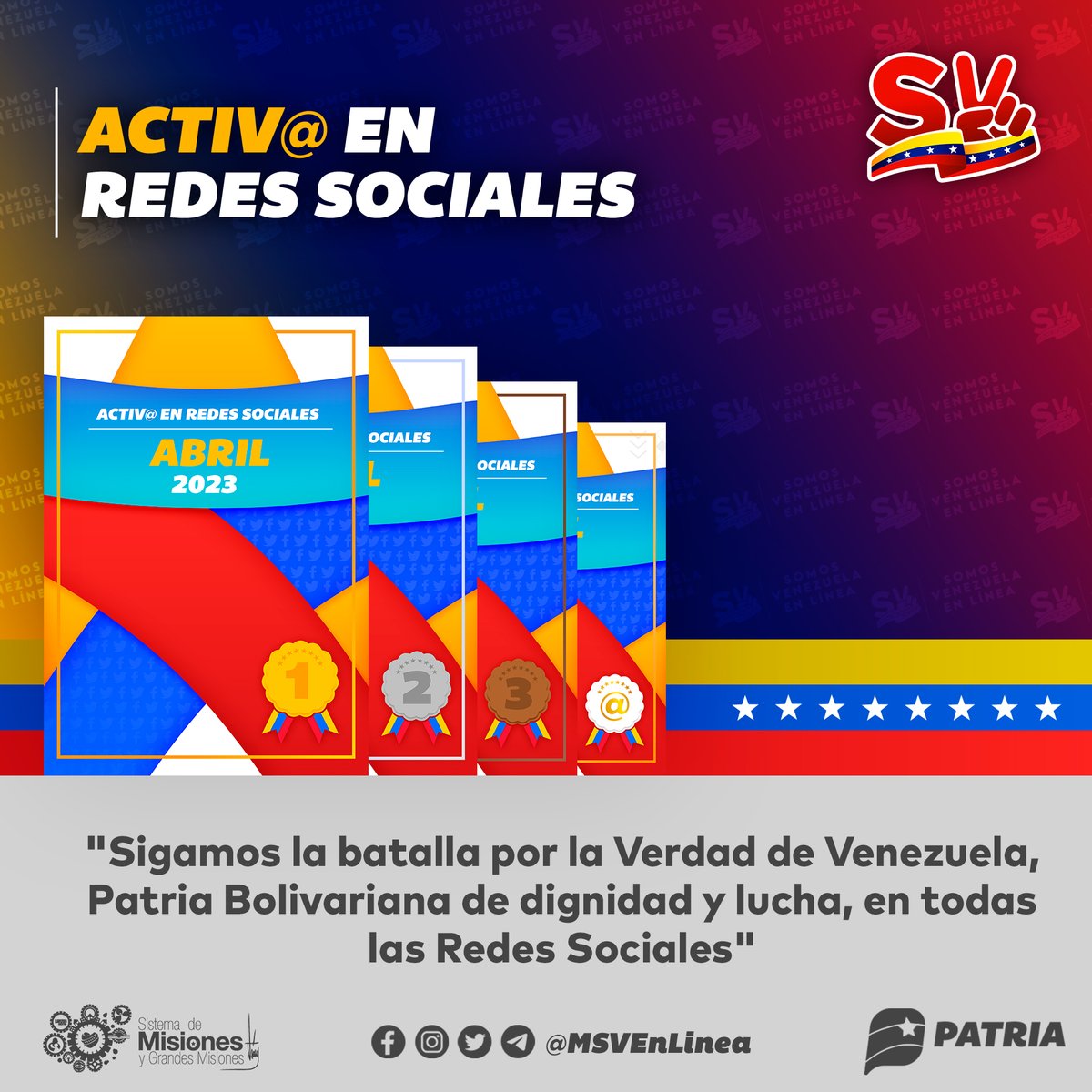 🚨 #ÚLTIMAHORA || Inicia la entrega del logro mensual a los tuiteros destacados en redes sociales durante el mes de (Abril 2023) a través del Sistema <a href="/CarnetDLaPatria/">Carnet de la patria</a>.

📍🥇🥈🥉🏅 Revisa tu logros en la #PlataformaPatria.
 
#3May #MaduroEsPueblo #CitgoEsDeVenezuela