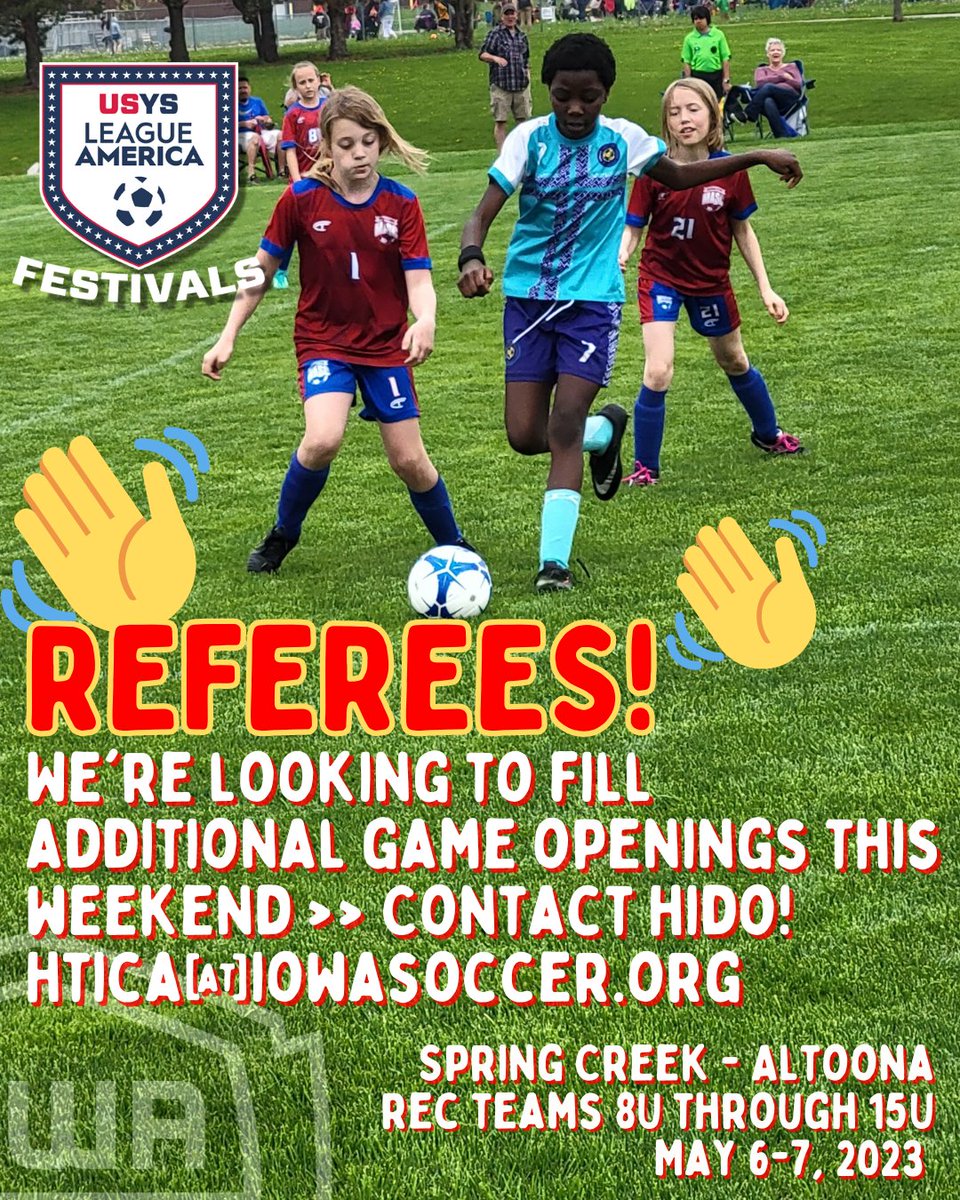 IowaSoccer's tweet photo. Parents, Referees, Assignors: This is a great rec team event &amp; excellent opportunity for referees of any age &amp; experience level to get games, meet new friends, receive mentoring, &amp; make 💵💸💵💸❗Let Hido know you're ready for games @Spring Creek this wkend htica@iowasoccer.org. https://t.co/60S9bxglD7