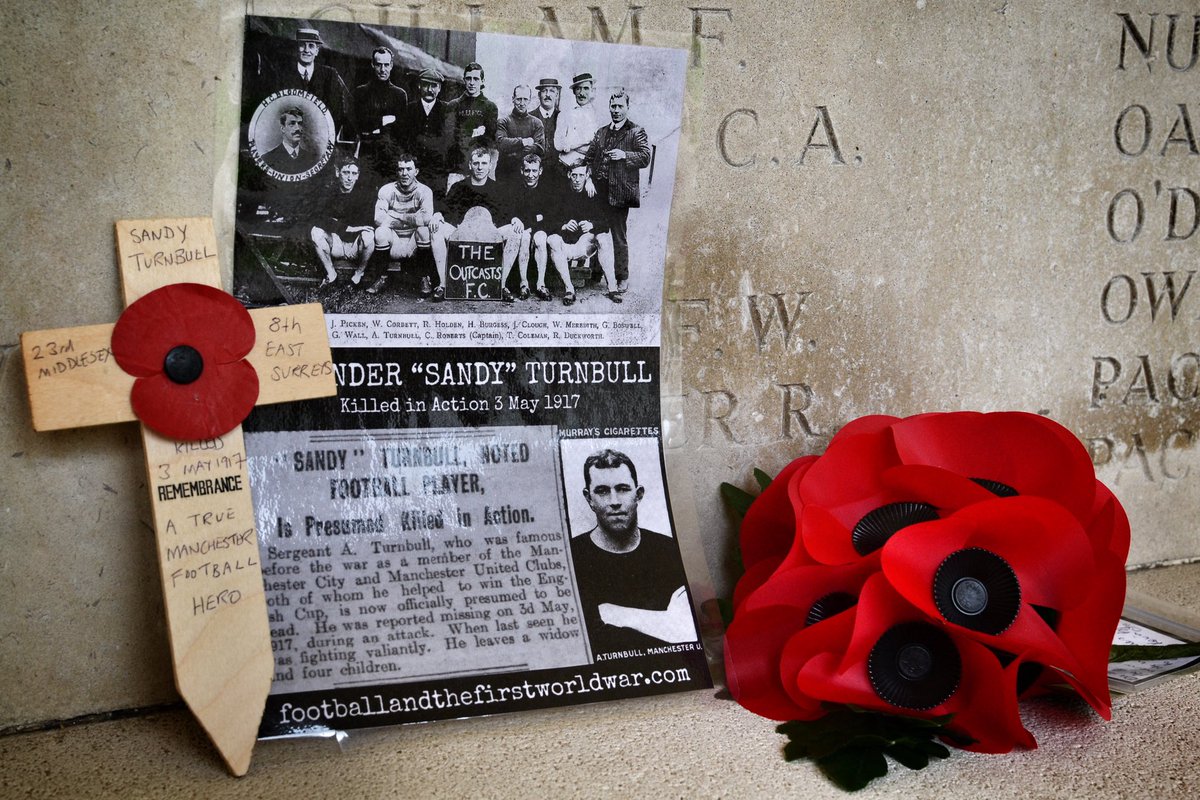 Sandy Turnbull was killed during the 8th East Surreys attack at Chérisy on this day in 1917. A star for both Manchester clubs, and not without his controversies, the Scot is commemorated on the Arras Memorial. We visit each year to pay our respects.