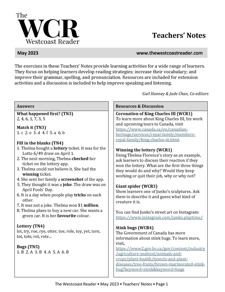 WestcoastReader's tweet photo. β¨Every issue of The Westcoast Reader comes with Teachers' Notes, with exercises, activities, resources and discussion topics !
πDownload the FREE May Teachers' Notes at: https://t.co/XVwzRCCW3Z
#TeachersNotes #Exercises #News #Newspaper #AdultLiteracy #TeacherResources https://t.co/oqbt6qtHRb
