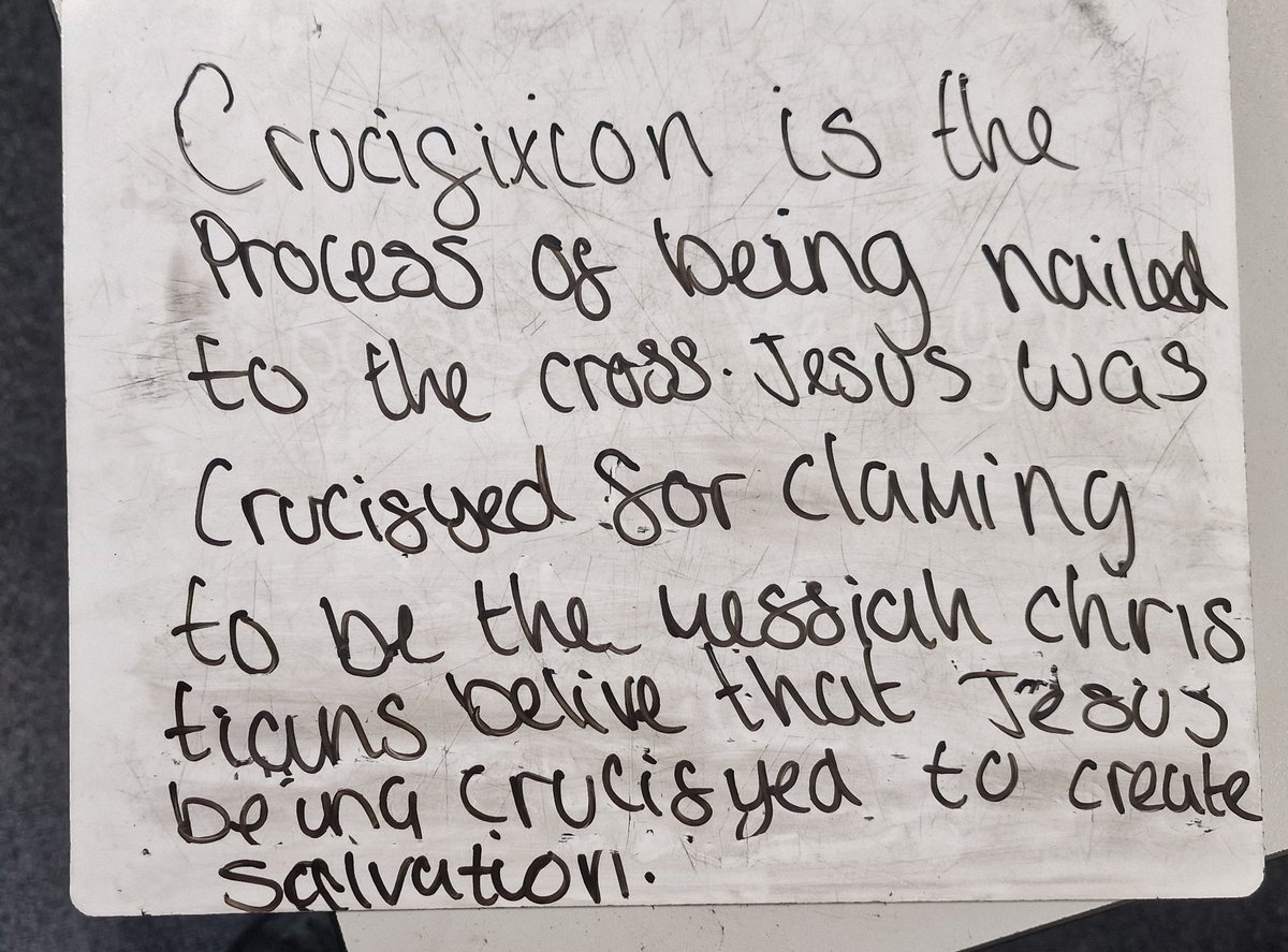TAL_Humanities's tweet photo. Strong explanations in RS from our Year 8s on the role of salvation in the crucifixion! ✝️

Students wrote their own explanations, then built upon and challenged each other by adding key vocabulary such as 'Messiah'.

The end results speak for themselves! 🤩💜 #ExpertStudents https://t.co/WnR0E54XXX