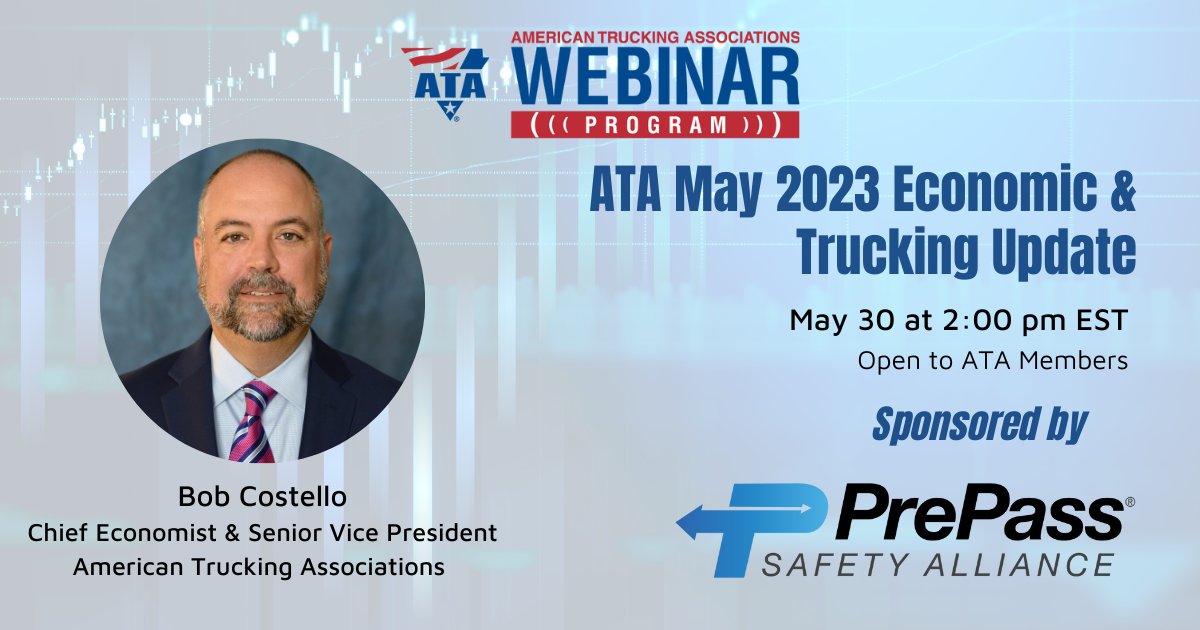 Tune in May 30 at 2 PM EST for ATA’s May 2023 Economic &amp; Trucking Update, sponsored by <a href="/PrePass/">PrePass</a>. ATA’s <a href="/ATAEconBob/">Bob Costello</a> will highlight the current economic and trucking trends and explain what it means for your business. Register today. bit.ly/3HCWmrE