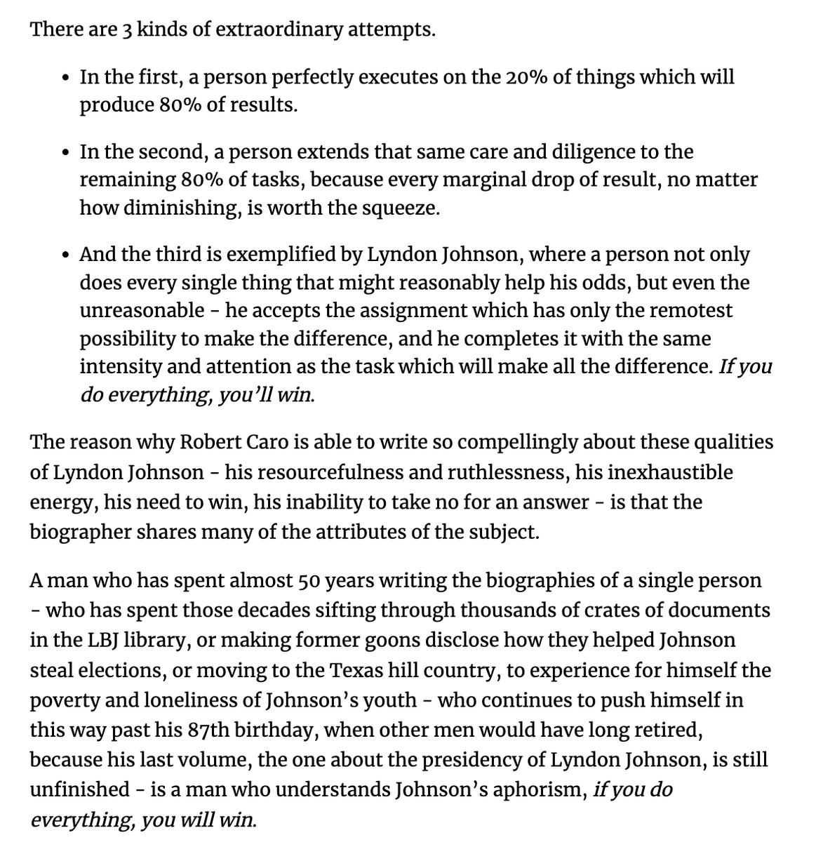 Outstanding essay from <a href="/dwarkesh_sp/">Dwarkesh Patel</a> on Caro's biographies of Lyndon Johnson.

In particular this recursive finish is great. "If you do everything, you’ll win."
dwarkeshpatel.com/p/lyndon-johns…