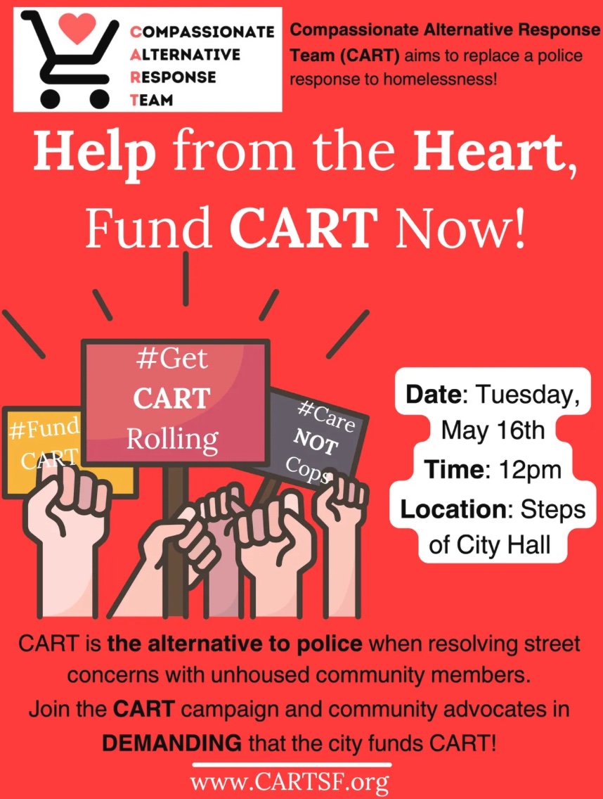 Join us on May 16 at noon on the steps of City Hall to urge the city to take action on CART, an alternative to police when resolving street concerns with unhoused community members lwvsf.org/f/sf-must-fund…