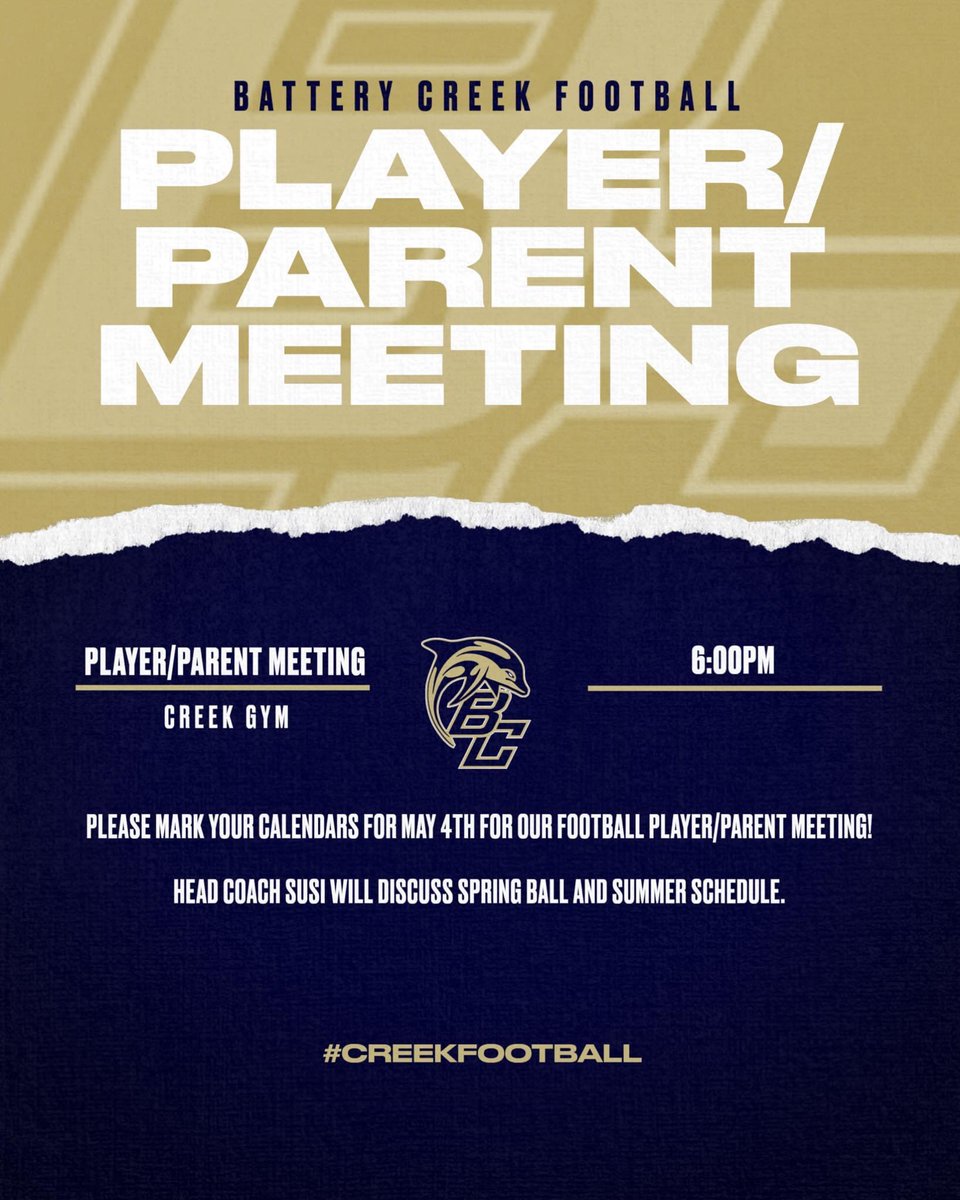 CREEK Nation: Interested in the upcoming Dolphins Football Season? Then we need to see you and your parents at the Player/Parent Meeting on 5/4 @ 6pm

#weareCREEK
#creekRISING
#dolphinpride🐬