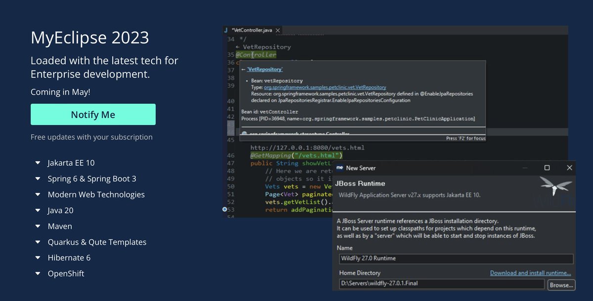 MyEclipseIDE's tweet image. MyEclipse 2023 is just a couple of weeks away with:
+ Jakarta EE 10
+ Spring 6 &amp;amp; Spring Boot 3
+ Angular 15, Vue 3, more
+ Java 20
+ Maven Enhancements
+ Quarkus &amp;amp; Qute Templates
+ Hibernate 6
+ OpenShift

All the details and to get notified when it drops: genuitec.com/products/myecl…