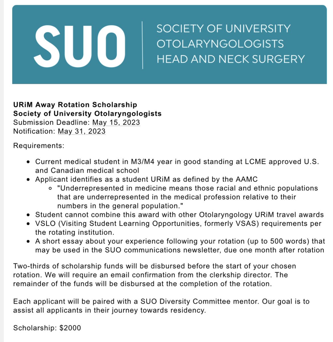 It’s that time of year again! Please help spread the word about this #AwayRotation scholarship for URiM students. #ENTSurgery #MedStudentTwitter @headmirror_com @TheAuricle_Oto @Inside_TheMatch