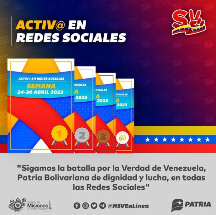 🚨 #ÚLTIMAHORA  Inicia la entrega de los logros, premios o mención a la personas que se destacaron en Redes sociales (Twitter)a través del Sistema <a href="/CarnetDLaPatria/">Carnet de la patria</a> durante la semana comprendida entre el #24Abr al #30Abr 2023.

#3May #MaduroEsPueblo #CitgoEsDeVenezuela
<a href="/AshlyPaty/">Ashly</a>