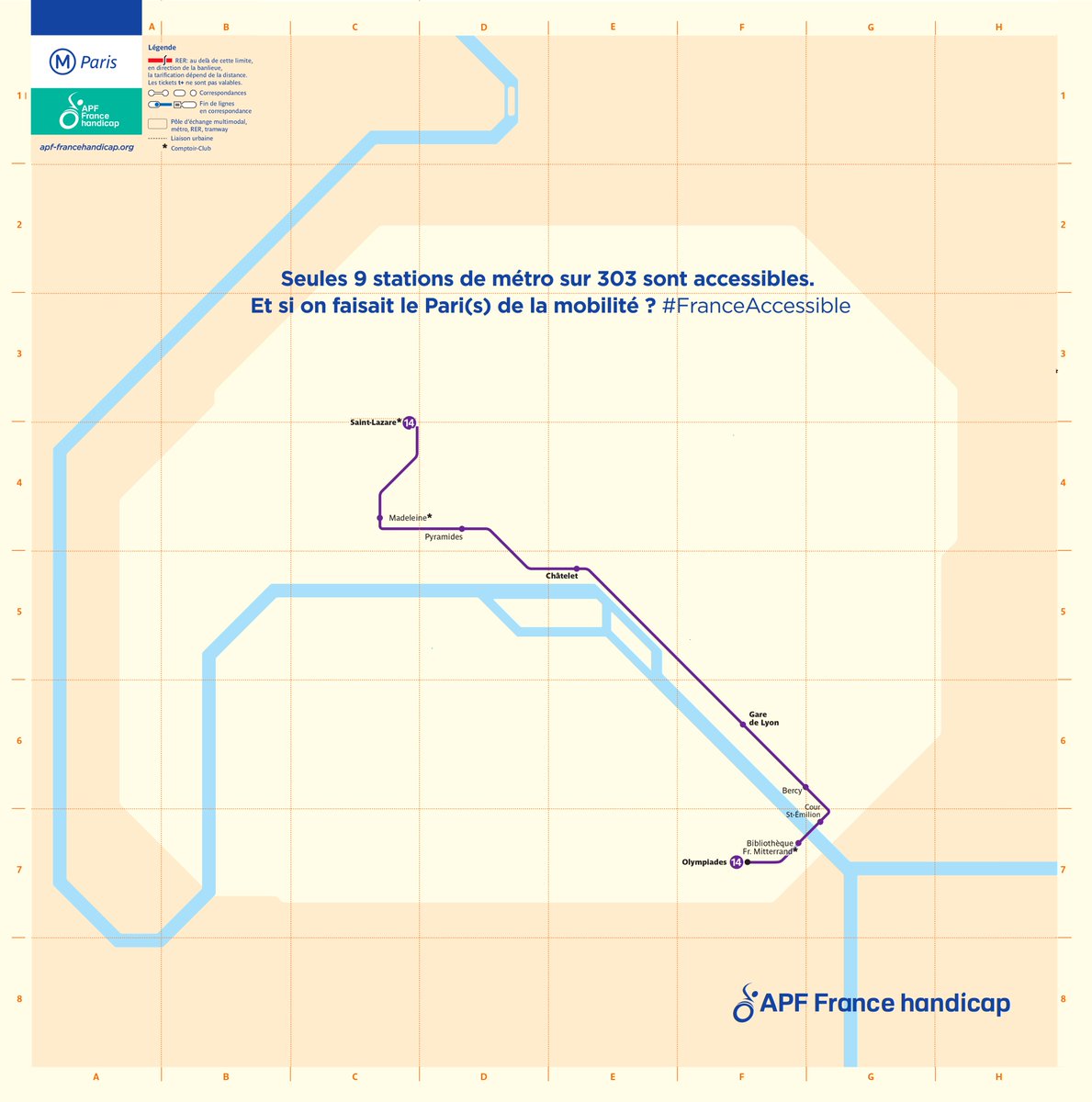 Métro de Paris : voici le plan des stations accessibles aux personnes à mobilité réduite. Une image vaut mille mots #accessibilité (via <a href="/apfhandicap/">APF France handicap</a>)