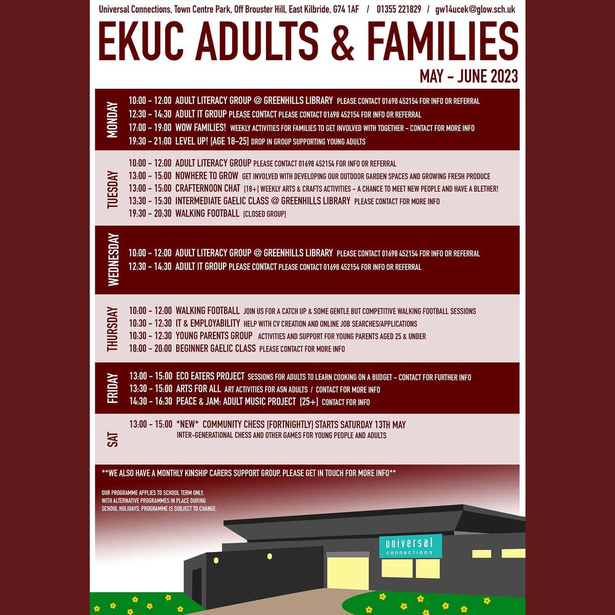 Here's our updated youth, adult &amp; family programme for now until the summer holidays, with some exciting new additions! As always, get in touch if you have any questions or would like more information on any of our groups or activities 😎

- The EKUC Team

#itsslc #becauseofcld