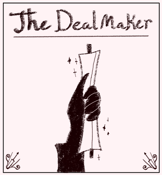 nrvsplayhouse's tweet photo. And for our last Playbook, meet the Dealmaker!

The Dealmaker always has something up their sleeve. A shady deal, a convenient favor- as successful in their dealings they may be, nothing ever comes for free. Not everyone will look past the fine print.
#TTRPGs #indiegame #fae https://t.co/dGdR4FI4ni