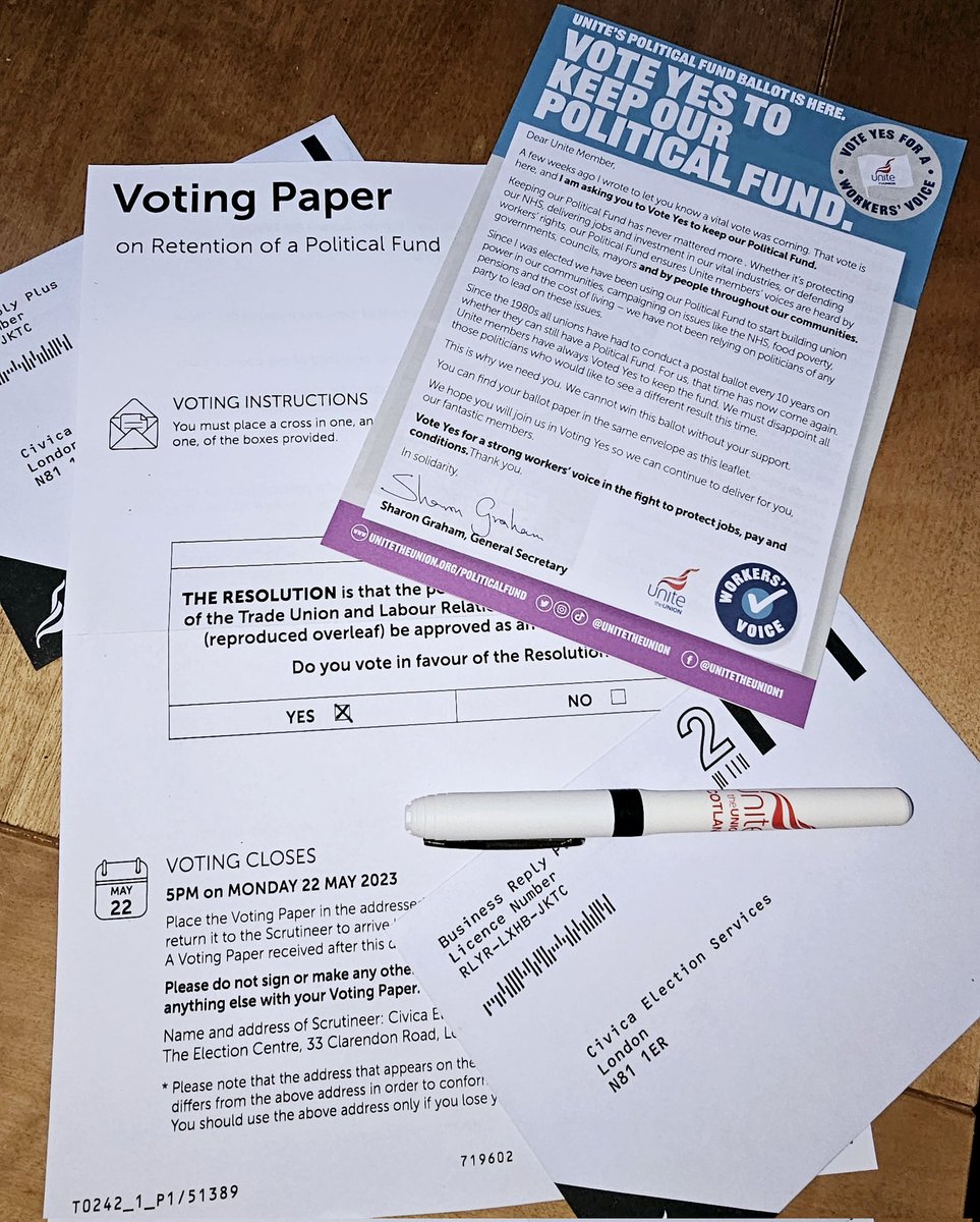 ljsmithy2's tweet photo. Just voted YES for @unitetheunion to retain a political fund ✅️
For jobs, our NHS, campaigning in communities, and defending Tory attacks on our right to strike... vote YES &amp; post your ballot back 📮 https://t.co/dBu9o8DCji