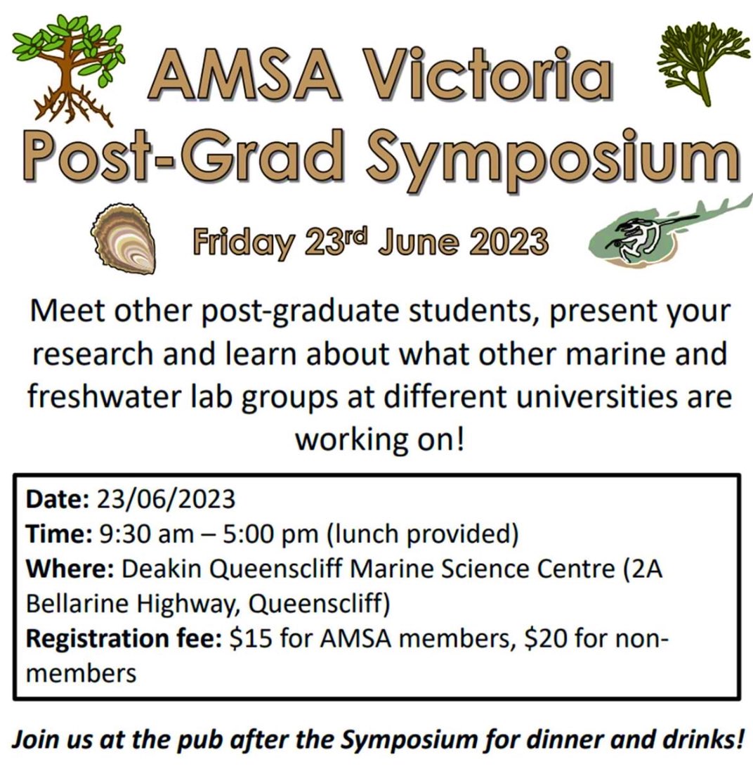 @AmsaVictoria 2023 events are kicking off in a big way! 

Block out Friday June 23 in your diary and get down to the amazing #DeakinUniversity Queenscliff  Marine Science centre for a #postgrad symposium and networking day.

Registration details coming soon.