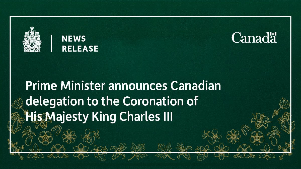 CanadianPM's tweet photo. Today, Prime Minister Justin Trudeau announced the Canadian delegation to the Coronation of His Majesty King Charles III, the first coronation of a Canadian Head of State and Monarch in 7 decades. Learn more about the delegation to this historic event: https://t.co/OgK1jewDnt https://t.co/BAheH0l4wS