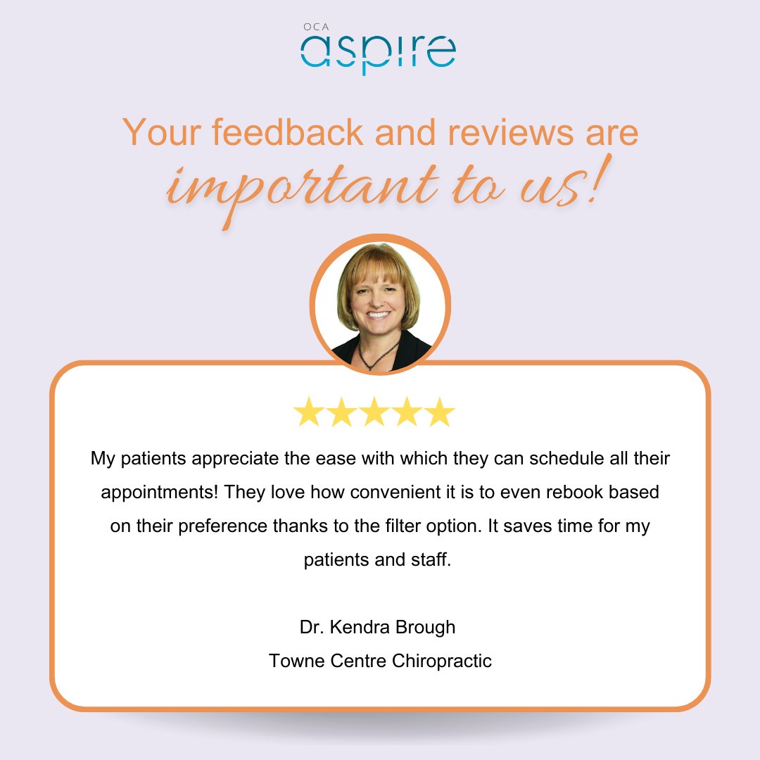 Dr. Kendra Brough's patients and staff appreciate the Online Booking feature of OCA Aspire!! 👏

Learn more about OCA Aspire.
Book a demo with a link in the bio.

#OCAAspire #PracticeManagementSoftware #OnlineBooking #reviews #testimonials #ontario #chiropractic