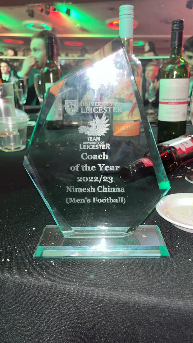 Nimesh_Chinna's tweet photo. Not there in person unfortunately, but delighted to have won the Coach of the Year Award at the @uniofleicester Sports Awards. 

@UoLFC what a club 💚💜 https://t.co/5Oe2Ef9vlY
