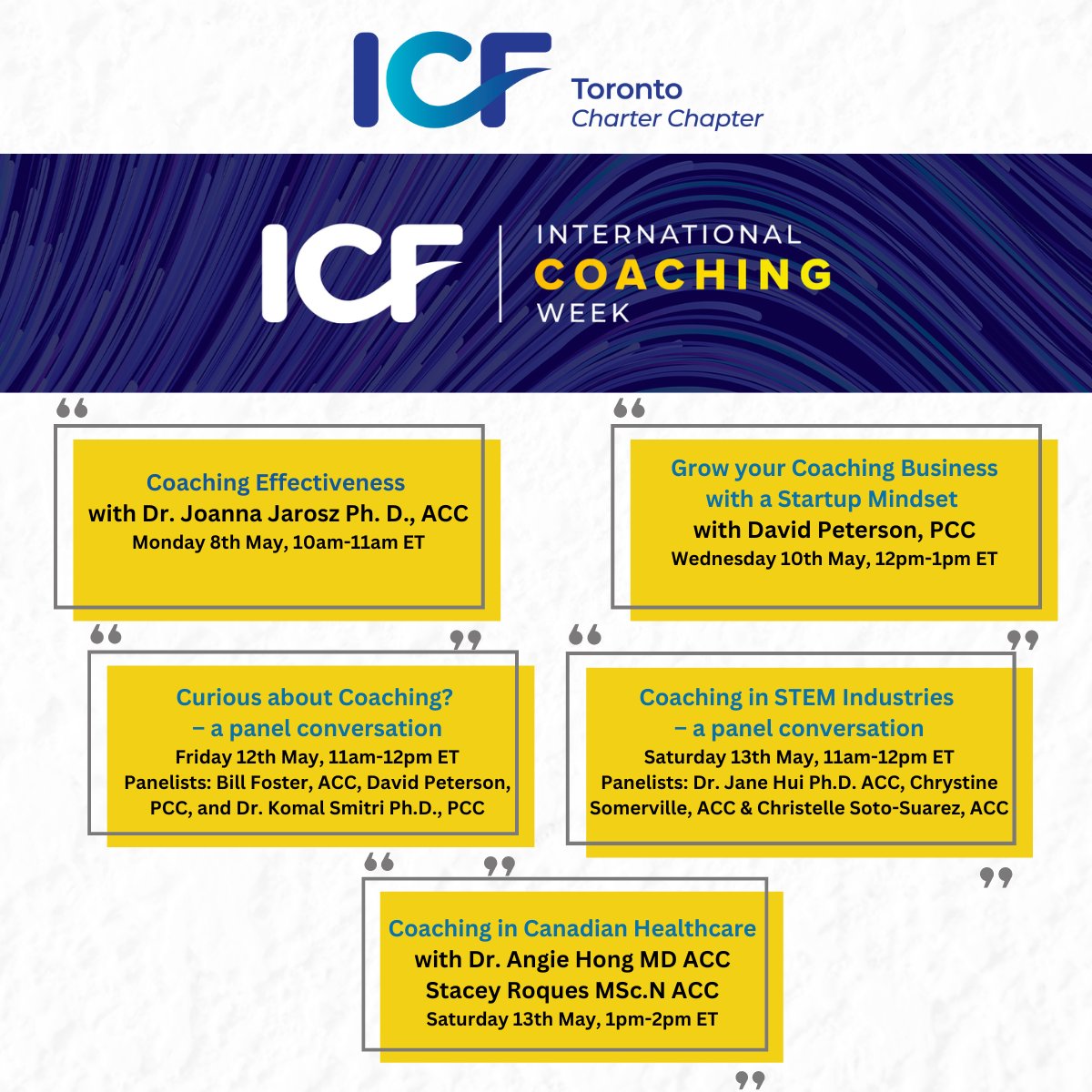 Next week, May 8th to 14th, 2023, coaches around the world will celebrate International Coaching Week! ICF Toronto is hosting free events where you can further expand your coaching knowledge, or explore the world of coaching.