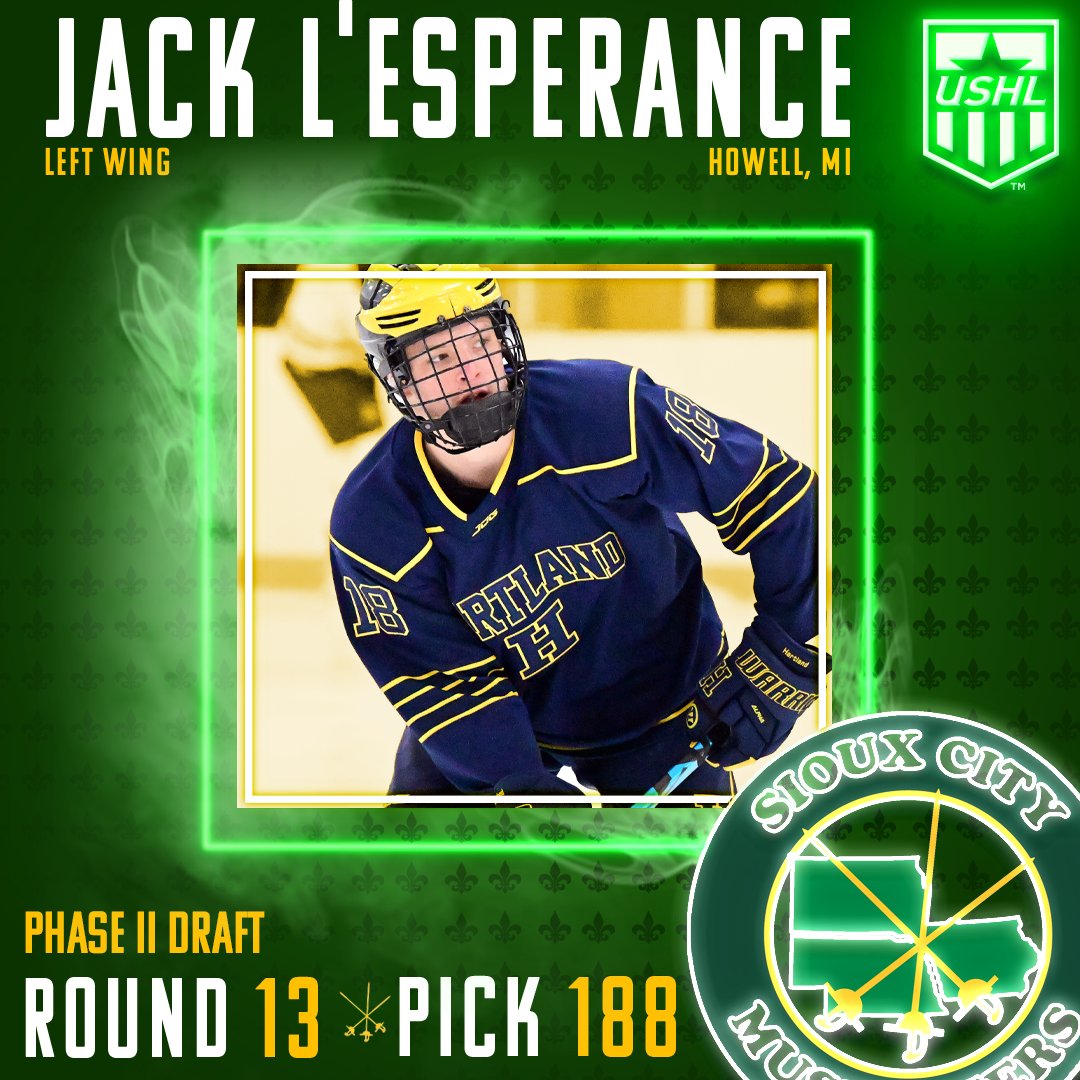 Round 1⃣3⃣
Pick 1⃣8⃣8⃣

In round 13 we have drafted winger Jack L'Esperance. If that name sounds familiar that's because it is! His cousin Joel L'Esperance played for the Musketeers during the  2013-14 season. Welcome to Sioux City Jack! 

#2023USHLDraft | #SCMusketeers | #USHL