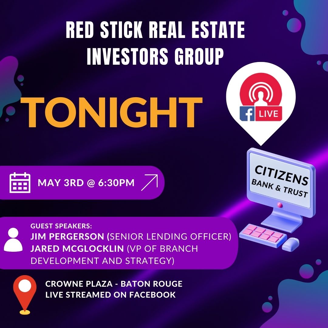 See y'all tonight! Join the Red Stick Real Estate Investors Group on FB and attend the meeting on live stream.

#commercialrealestateforsale #breeds #realestatesuccess #RealEstateServices #toprealestateagents #larealtor #larealestate #larealestateagent